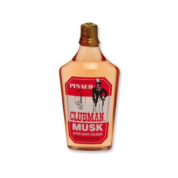 Front view of a 6 ounce bottle of Clubman Pinaud After Shave Cologne Musk with white, red, & black themed label